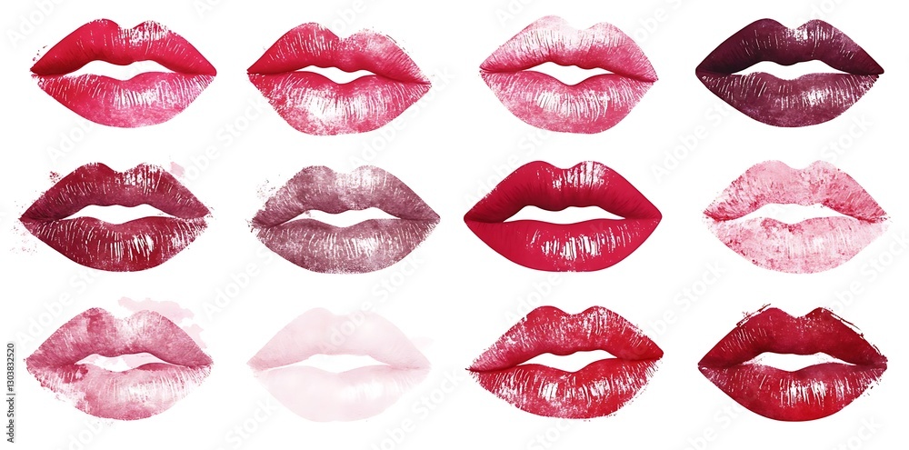 Obraz premium Set of various pink and red lipstick kiss prints isolated on white, symbolizing Valentine's love.