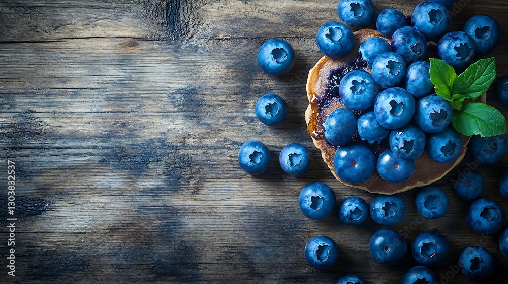 Delicious blueberry pancake stack with mint garnish on a rustic wooden table Delicious blueberry pancake stack with mint garnish on a rustic wooden table