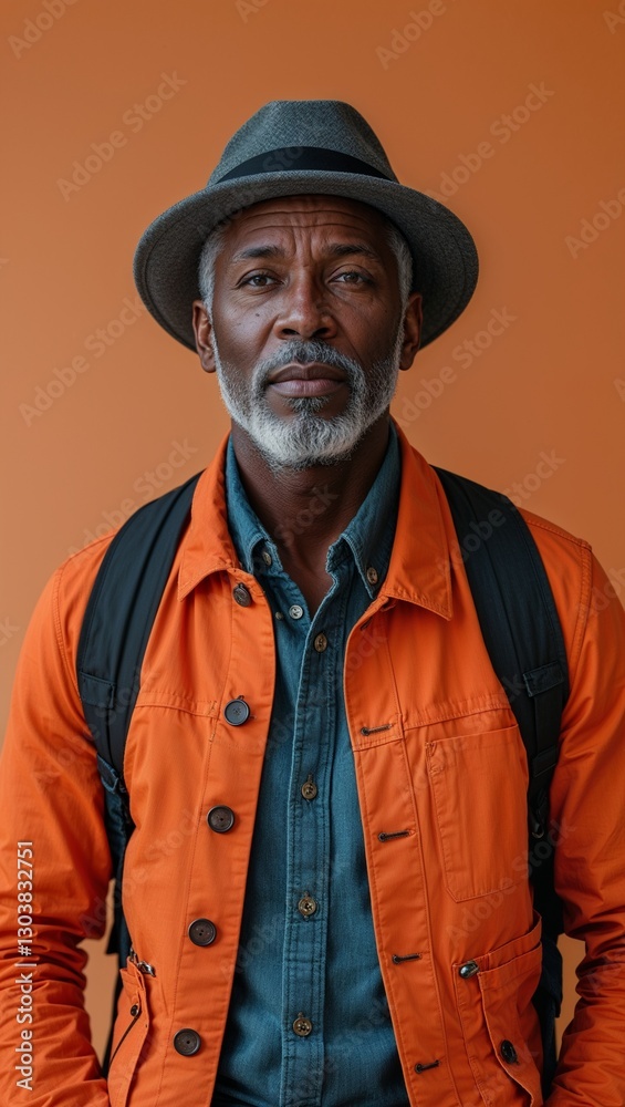 black African middle aged guy plain orange background in casual stylish fashion whole body portrait black African middle aged guy plain orange background in casual stylish fashion whole body portrait