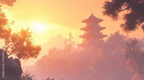 Tranquil Pagoda at Dawn: A traditional pagoda stands majestically amidst rolling hills, shrouded in a soft, warm, and misty ambiance during sunrise.