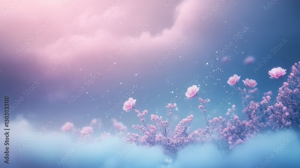 Ethereal Blossom Dream: A Serene Landscape of Pink Flowers and Misty Clouds Ethereal Blossom Dream: A Serene Landscape of Pink Flowers and Misty Clouds