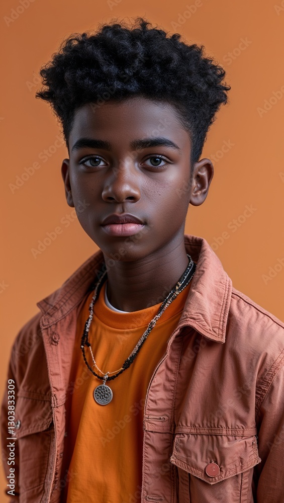 Fototapeta premium black African teen guy plain orange background in casual stylish fashion whole body portrait