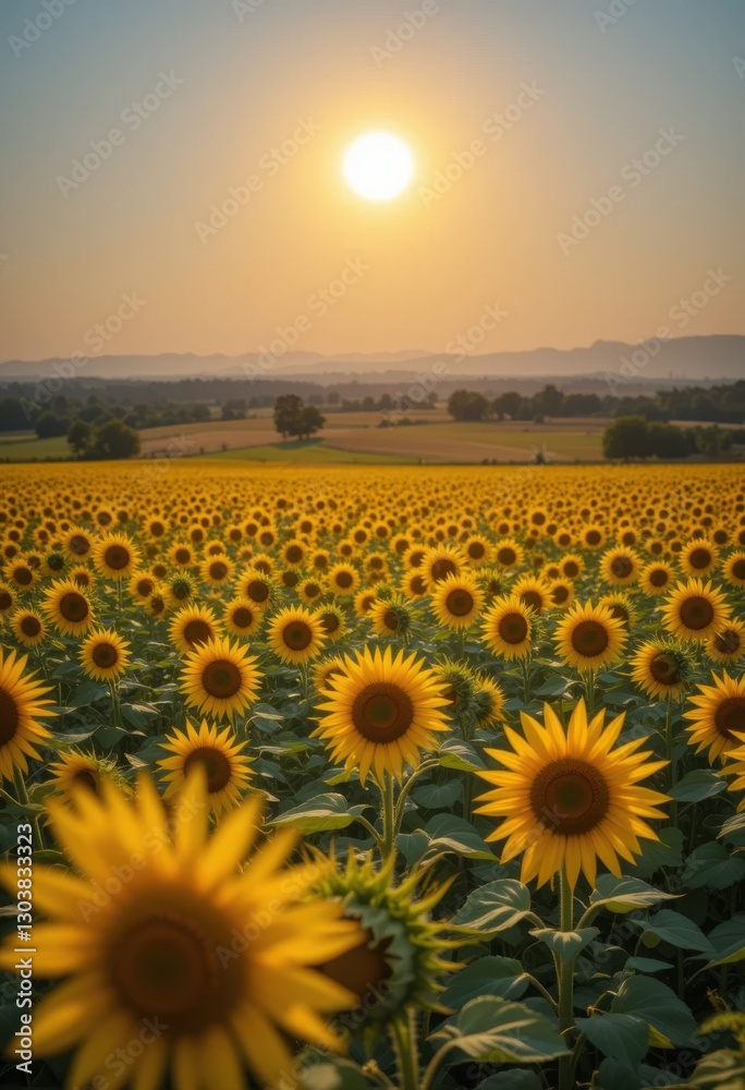 Obraz premium Vasto campo de girasoles con pétalos amarillos en flor frente al sol, colores vibrantes, brillantes vistas al campo de verano