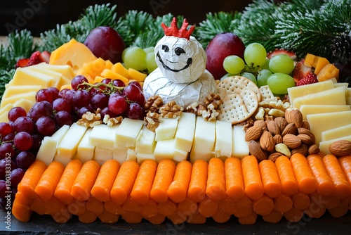 Delicious Festive Cheese Board Holiday Party Platter Appetizer Selection Gourmet Snacks Winter Food Christmas Grapes Cheese Almonds Carrots Festive    photo