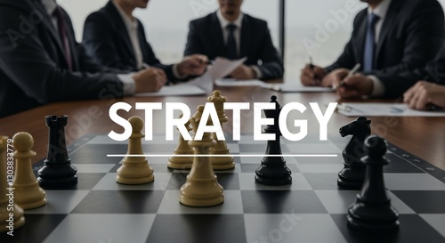 Chessboard strategy concept with a business meeting backdrop signifying planning