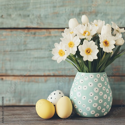 Easter Holiday, Easter Concept, Pastel Easter Eggs White Daffodils in Decorative Vase Spring Floral Arrangement