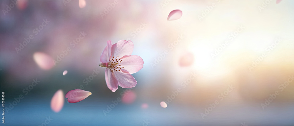 Obraz premium Pink cherry blossom petals floating in soft sunlight, evoking serenity and springtime