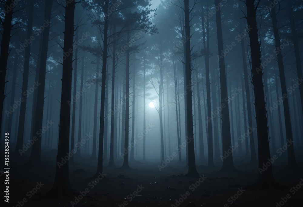 Naklejka premium Mystical Forest Scene. Foggy Woods At Night. Dreamy Landscape. Serene Woodland. Pine Trees Silhouettes Against Hazy Backdrop. Soft Light Illuminates The Scene. Nature's Grandeur. Peaceful And Eerie.