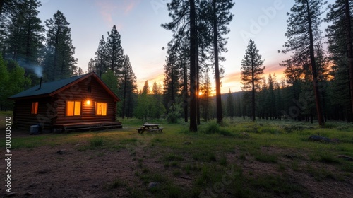 Cabin Sunset Forest Scene photo