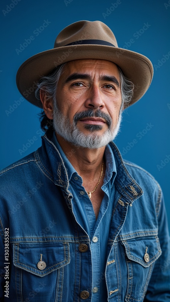 Hispanic middle aged guy plain blue background in casual stylish fashion whole body portrait Hispanic middle aged guy plain blue background in casual stylish fashion whole body portrait