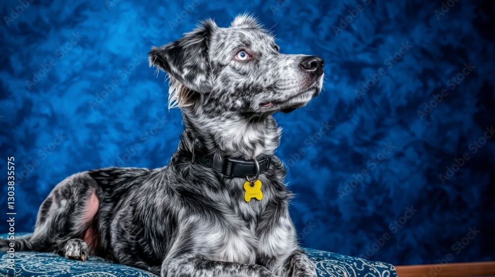 Obraz premium Relaxed Gray Dog on Blue Background Pet Portrait Canine Animal Photography