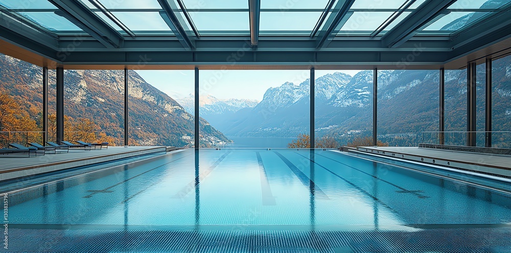 Swimming Pool View of Lake and Snow Capped Mountains in Switzerland Swimming Pool View of Lake and Snow Capped Mountains in Switzerland