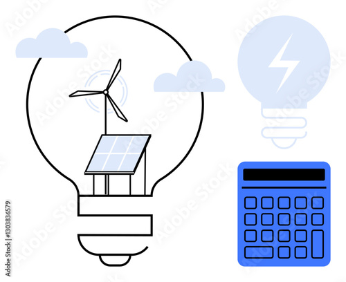 Solar panel and wind turbine within light bulb symbolizing green energy. Blue calculator nearby reflecting cost efficiency of energy solutions. Ideal for sustainability, innovation, environmental