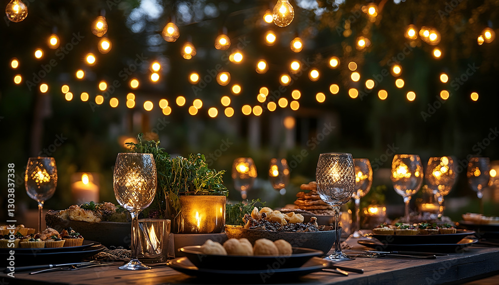 Elegant outdoor dinner setting illuminated by string lights, featuring gourmet dishes and a warm ambiance Elegant outdoor dinner setting illuminated by string lights, featuring gourmet dishes and a warm ambiance
