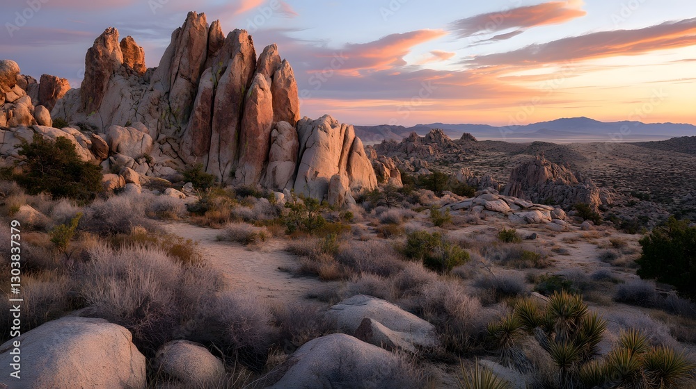 Obraz premium A surreal high desert with towering rock formations in vibrant reds and oranges at sunset