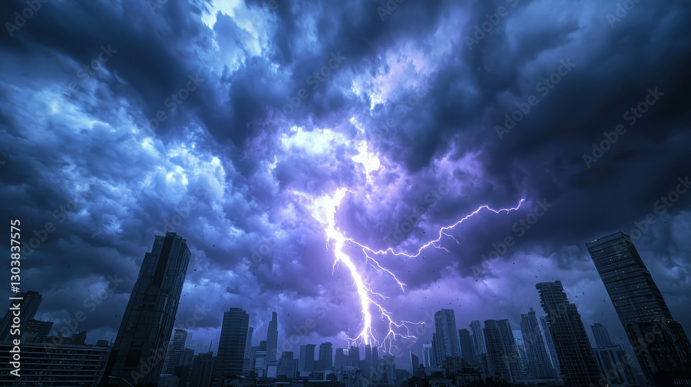 Dramatic Lightning Strike Illuminating Shattered Skies During Storm Over City Skyline Dramatic Lightning Strike Illuminating Shattered Skies During Storm Over City Skyline