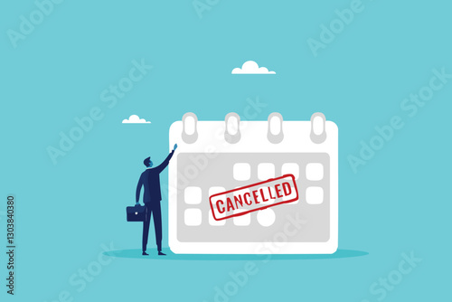 Defeated Businessman Standing Beside a Calendar Marked with a Bold Red 'Cancelled' Stamp"