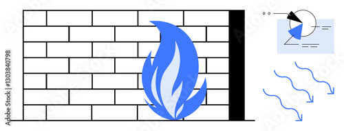 Brick wall with blue flame symbolizing security threat, arrows illustrating data flow, chart for monitoring. Ideal for cybersecurity, protection, data safety, firewalls, hacking prevention, IT