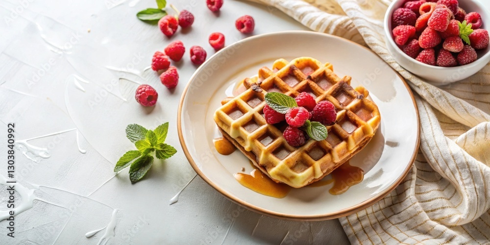 A golden-brown waffle, adorned with fresh raspberries and a sprig of mint, rests on a plate drizzled with a rich syrup. A golden-brown waffle, adorned with fresh raspberries and a sprig of mint, rests on a plate drizzled with a rich syrup.