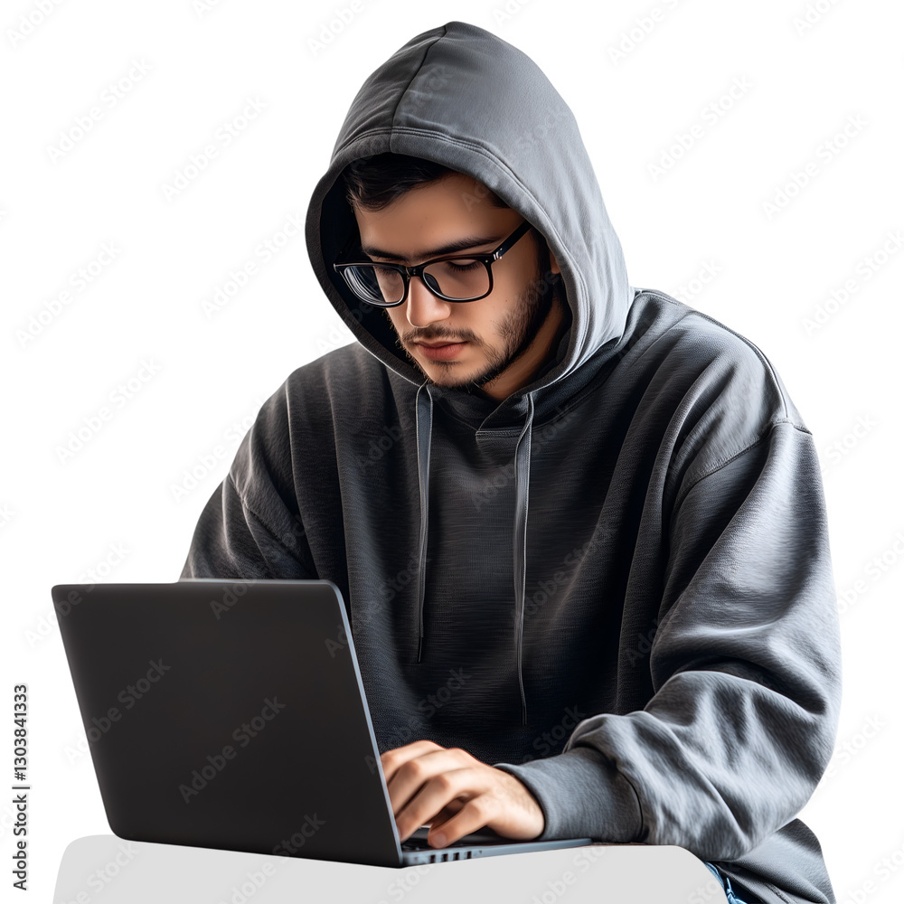 Software engineer with glasses, casual hoodie, working on a laptop on transparent background. Ai Generate Software engineer with glasses, casual hoodie, working on a laptop on transparent background. Ai Generate