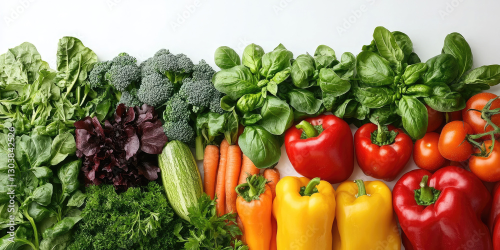 Assortment of fresh vegetables in a neat row on a light surface. Healthy eating, produce, and ingredient themes. Ideal for food blogs, recipe sites, and nutrition publications. Top view Assortment of fresh vegetables in a neat row on a light surface. Healthy eating, produce, and ingredient themes. Ideal for food blogs, recipe sites, and nutrition publications. Top view