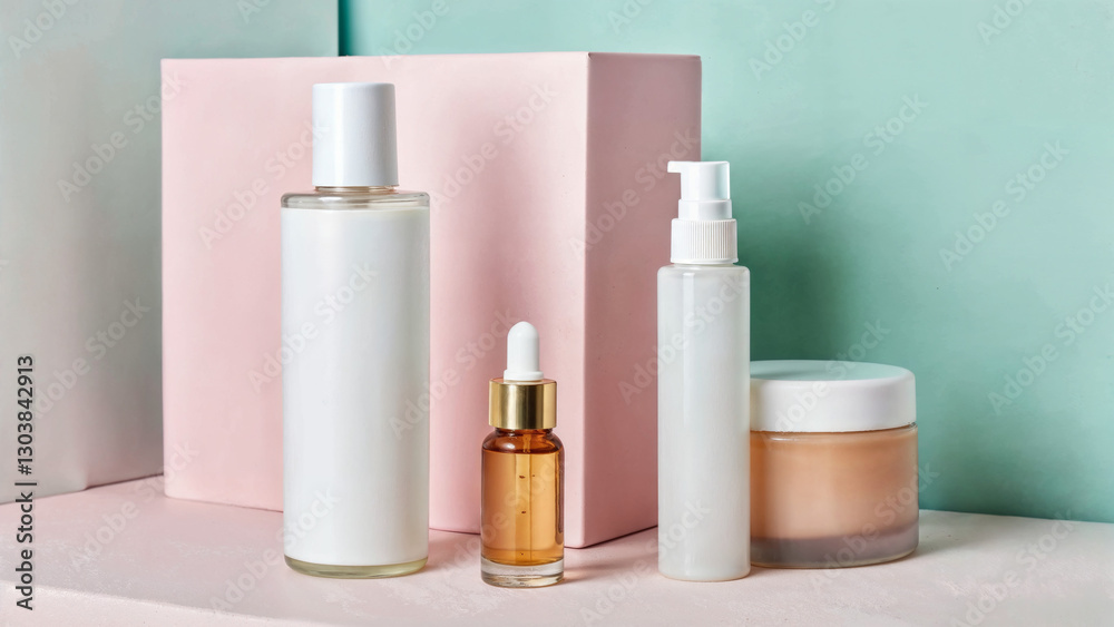 Bottles and dropper on a pastel colors minimal set Bottles and dropper on a pastel colors minimal set