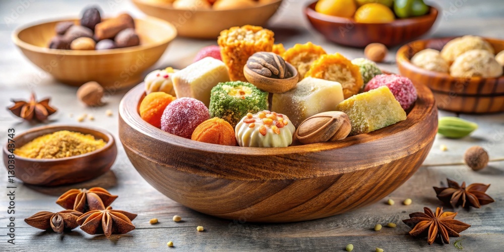 A Wooden Bowl Overflowing with an Assortment of Exquisitely Crafted Confections and Aromatic Spices A Wooden Bowl Overflowing with an Assortment of Exquisitely Crafted Confections and Aromatic Spices