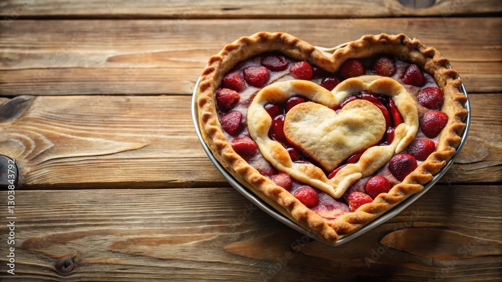 A delicious heart-shaped strawberry pie, baked to perfection, rests on a rustic wooden surface, ready to be shared with loved ones. A delicious heart-shaped strawberry pie, baked to perfection, rests on a rustic wooden surface, ready to be shared with loved ones.
