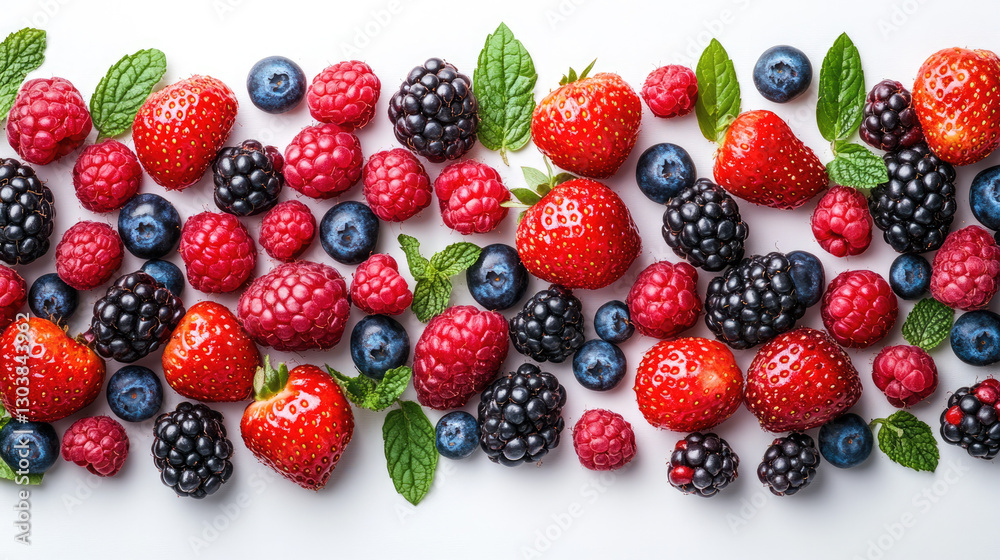 Fototapeta premium A colorful assortment of fresh berries with mint leaves, ideal for food blogs, healthy recipes, or summer themes.