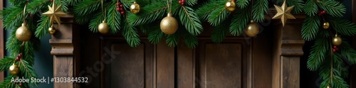 Gold and dark green mistletoe on a rustic wooden doorframe, Christmas, garland, mistletoe