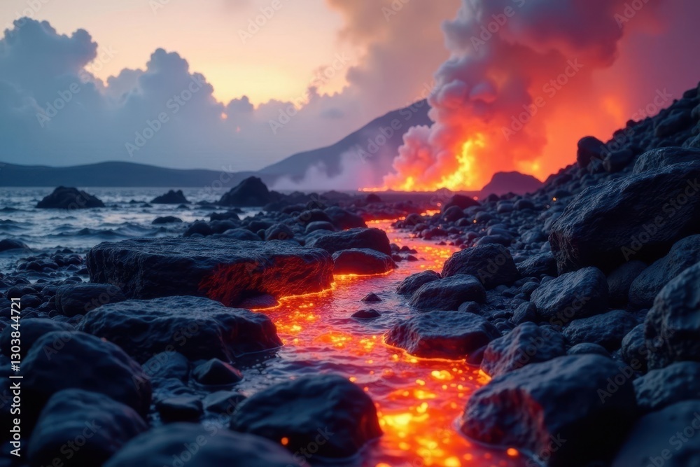 Naklejka premium Lava flowing over rocks in a volcanic landscape, cloud, earthy