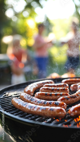Sizzling sausages and hot dogs grilling on an outdoor barbecue grill, with a blurred family background