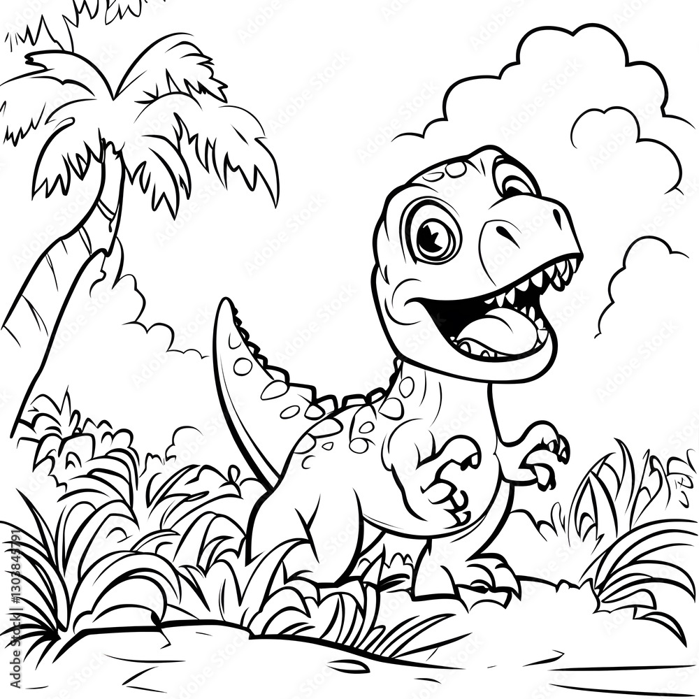 Obraz premium kids Coloring book Page Outline Of a cute cartoon tyrannosaurus, children Digital illustration.