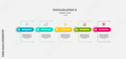 Concept of arrow business model with 5 successive steps. Timeline design for brochure, presentation.