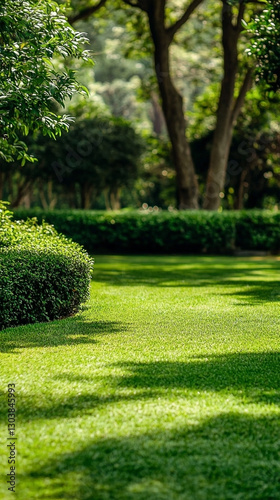 A serene view of a well-maintained green lawn with lush grass and trimmed hedges