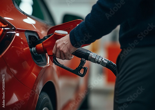 Close-up of a hand holding a gas pump nozzle filling a car with fuel at a gas station