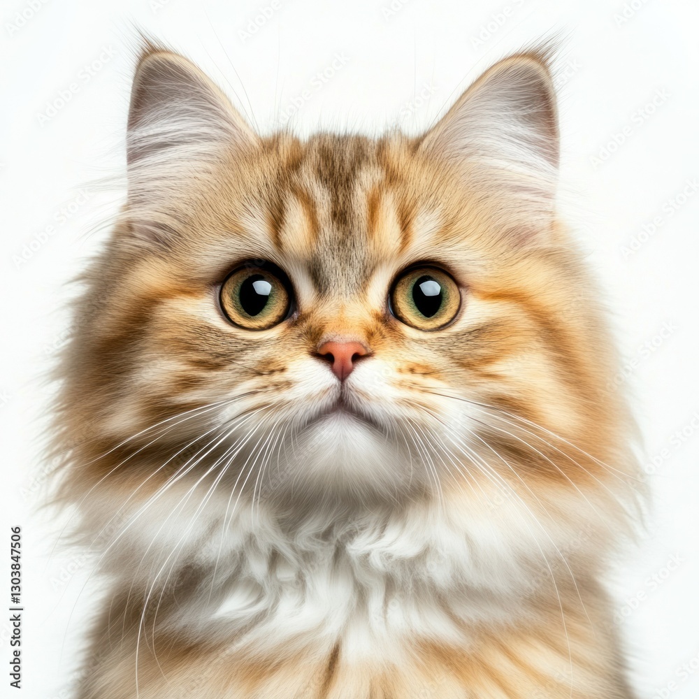 A detailed hyper-realistic image of a Persian cat on a pure white background, isolated, sharp details, professional studio lighting, capturing its luxurious fur and round face. A detailed hyper-realistic image of a Persian cat on a pure white background, isolated, sharp details, professional studio lighting, capturing its luxurious fur and round face.