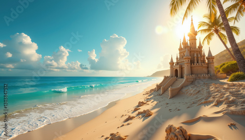 Fototapeta Naklejka Na Ścianę i Meble -  A detailed sandcastle stands on a pristine tropical beach with palm trees and turquoise ocean waves.