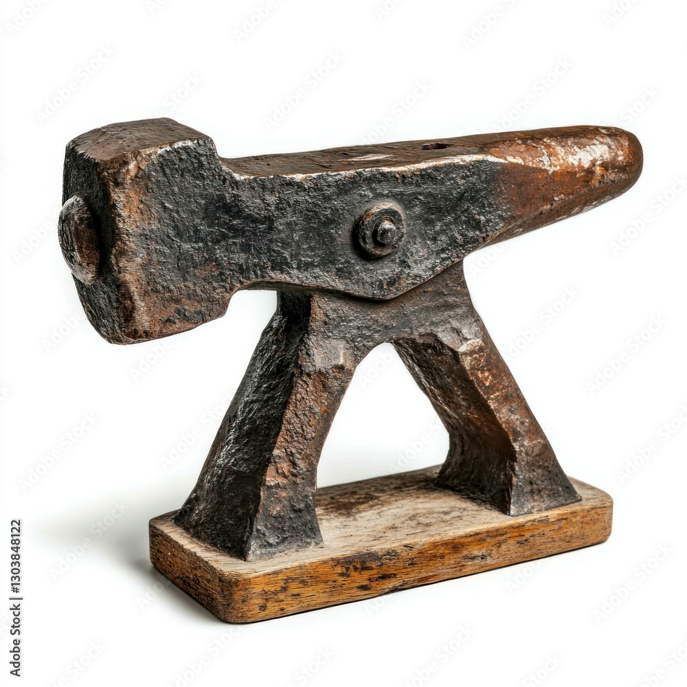 A single, detailed iron anvil, on a pure white background, highlighting its solid structure with professional studio lighting, perfect for blacksmithing showcases.