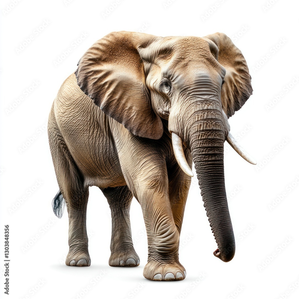 Fototapeta premium A single, detailed standing Asian elephant, on a pure white background, highlighting its impressive posture with professional studio lighting, ideal for logo designs.