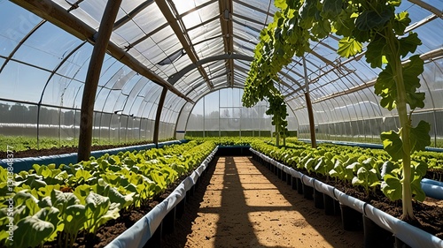 Large greenhouse with a curved, transparent roof made of plastic sheeting supported by wooden beams.