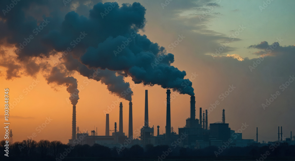 Industrial Factory Smokestacks Pollution: sprawling industrial complex with multiple smokestacks belching heavy plumes of black smoke into a gradient sky Industrial Factory Smokestacks Pollution: sprawling industrial complex with multiple smokestacks belching heavy plumes of black smoke into a gradient sky