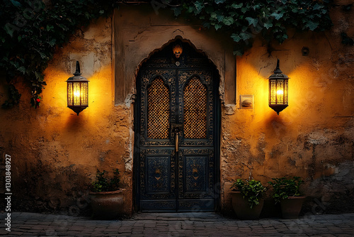 Ornate wooden door with intricate carvings illuminated by lanterns, surrounded by lush greenery at dusk