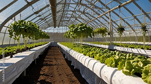 Large greenhouse with a curved, transparent roof made of plastic sheeting supported by wooden beams.