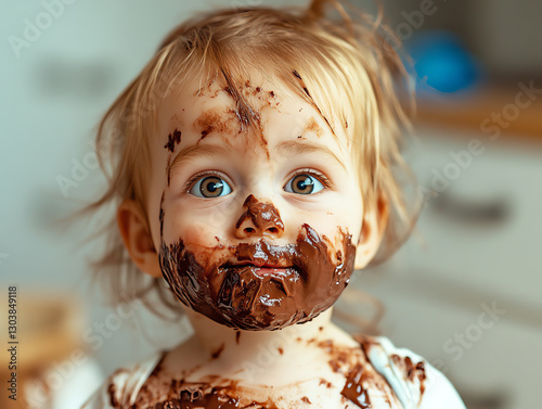 A joyful toddler with chocolate smeared all over their face, capturing innocent delight.