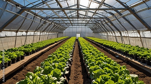Large greenhouse with a curved, transparent roof made of plastic sheeting supported by wooden beams.