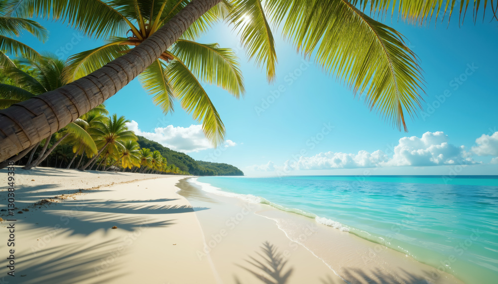 A serene tropical beach with palm trees leaning over pristine white sand and clear turquoise water under a bright blue sky. A serene tropical beach with palm trees leaning over pristine white sand and clear turquoise water under a bright blue sky.