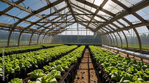 Large greenhouse with a curved, transparent roof made of plastic sheeting supported by wooden beams.