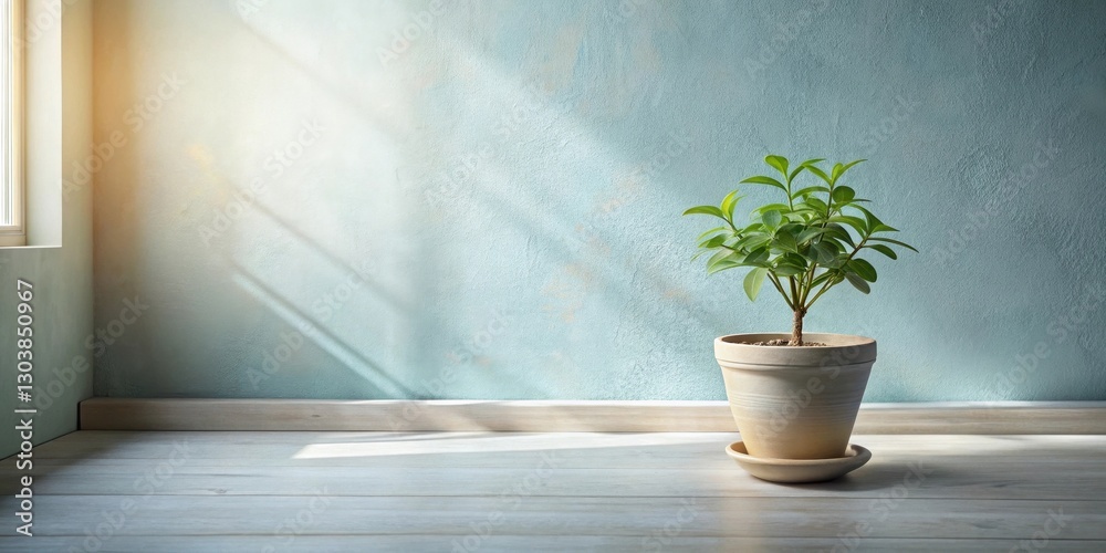 Fototapeta premium Sunlight illuminates a potted plant on a wooden floor against a textured wall