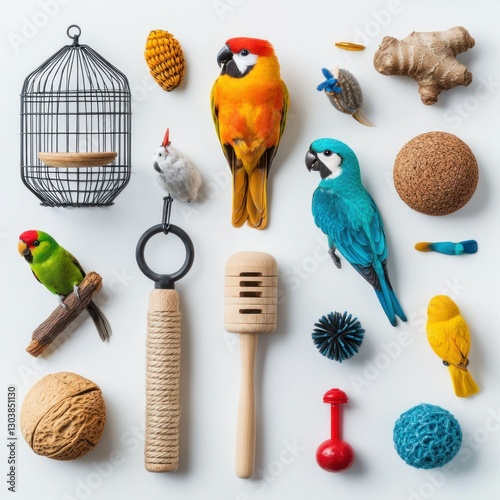 Flat lay of bird cage accessories, including perches, toys, and feeders, neatly arranged on a white surface white background, ideal for pet supply marketing.